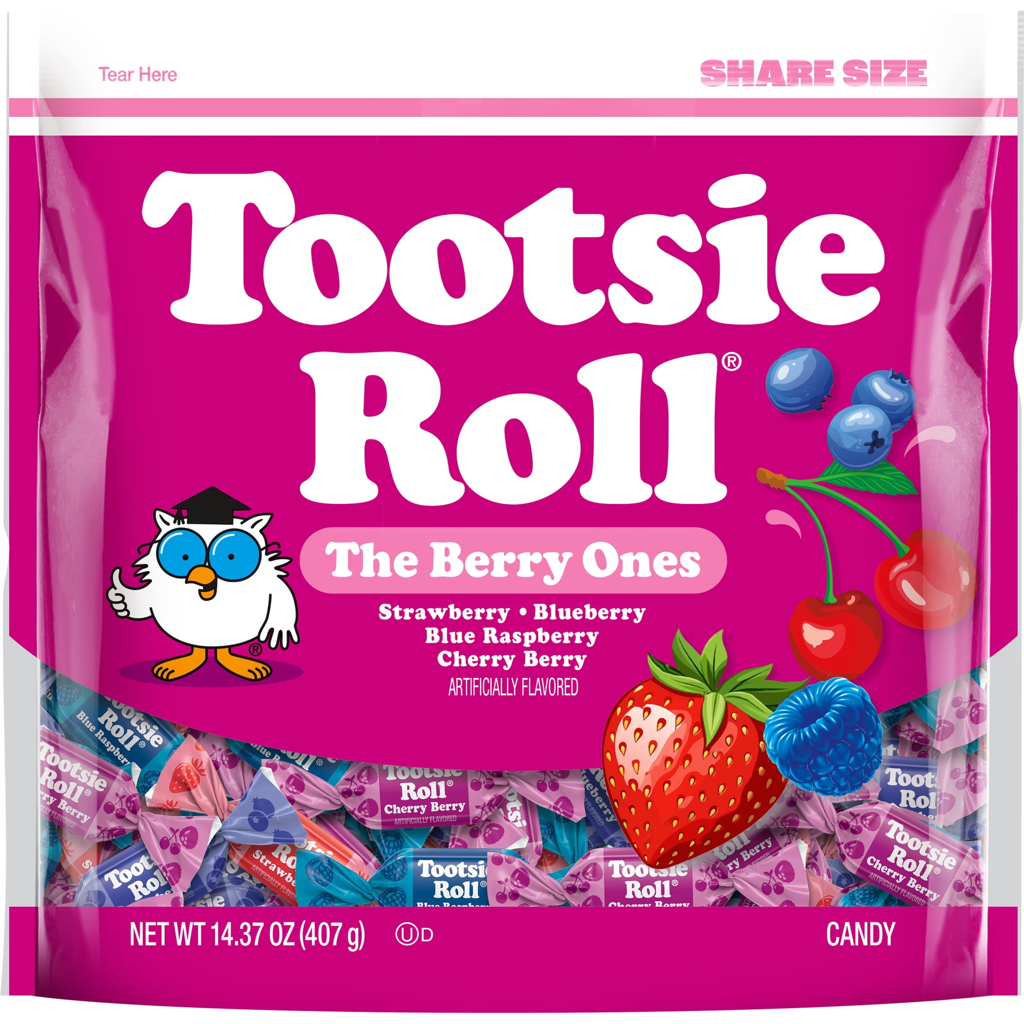 Tootsie Roll The Berry Ones Candy 14.37 oz. Bag. Peanut Free Gluten-Free. Contains Milk and Soy.