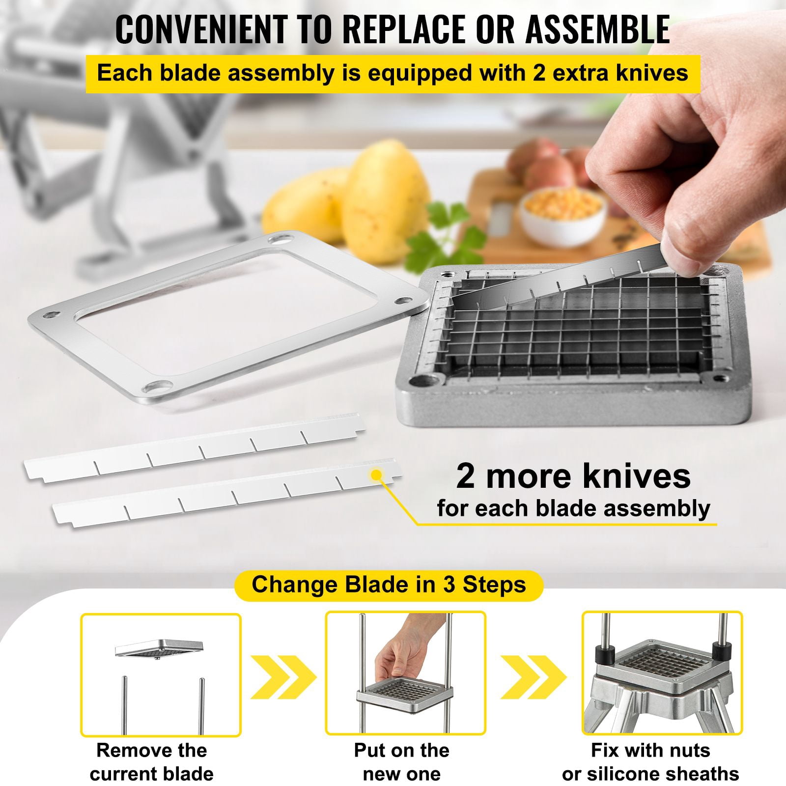 Replacement Chopper Blades 3-Pack, 3/8 Inch Cutting Size, Stainless Steel Blades with Aluminum Frame, Detachable, Compatible with Commercial Vegetable Choppers