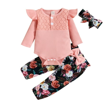 

Fsqjgq Girls Cute Sweatpants Girls Long Sleeve Ribbed Romper Bodysuits Floral Printed Pants Headbands Outfits Baby Clothes Take Home Cotton Blend Pink 90