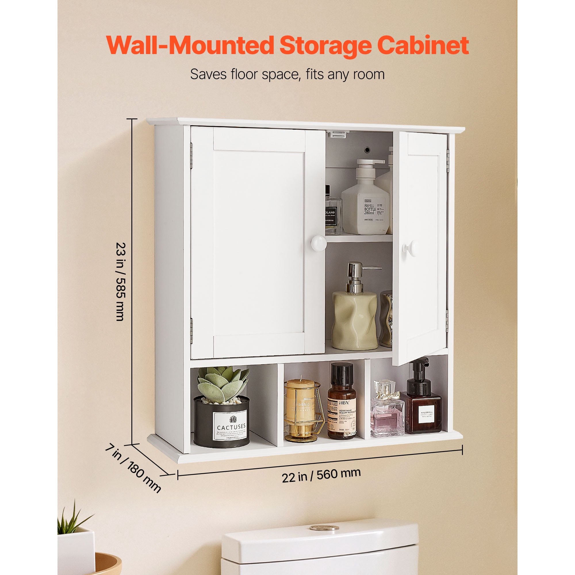 KFFKFF Bathroom Wall Cabinet with 2 Doors and Adjustable Shelf, Wall-Mounted Storage Organizer for Toiletries, Laundry Supplies, or Kitchen Essentials, White