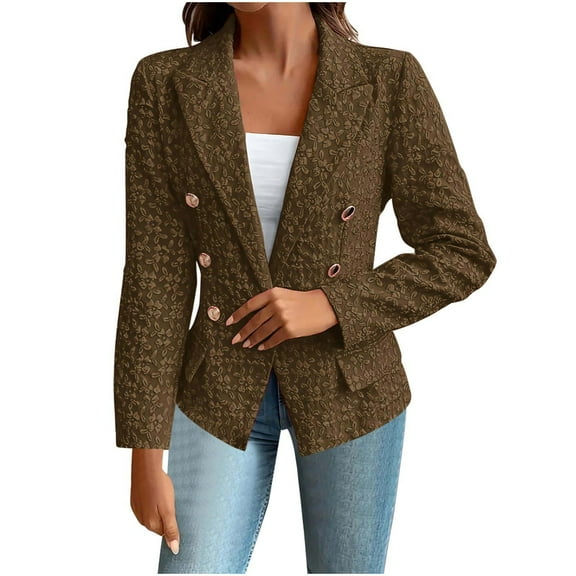 Gmluru 2025 Blazers For Women Coffee Solid Color Long Sleeve Button Up Suit Jacket Plus Size S-2XL