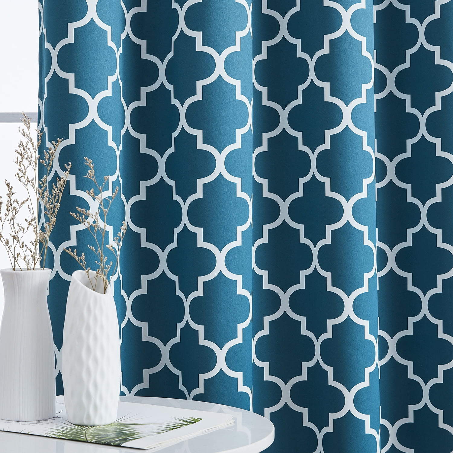 THD Moroccan Trellis Lattice Decorative Blackout Thermal Privacy Room Darkening Grommet Window Drapes Curtain Panels for Bedroom - Set of 2 (Dark Teal Blue, 52 W x 63 L)