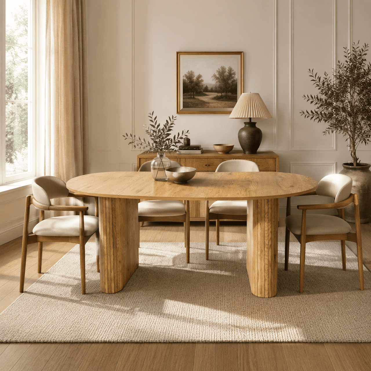 Oval Dining Table 70.87 Inch, Farmhouse Kitchen Table with Wood Strip Metal Base and Rounded Edges, Living Room and Reception Furniture, Beige and Light Natural