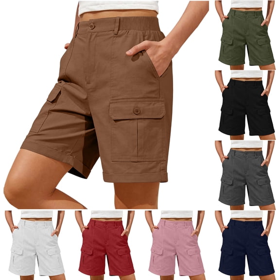Bloomae Bermuda Shorts for Women Cargo Summer Casual Elastic High Waisted Short Pants Outdoor Beach Vacation Clothes with Multi-Pockets Navy L