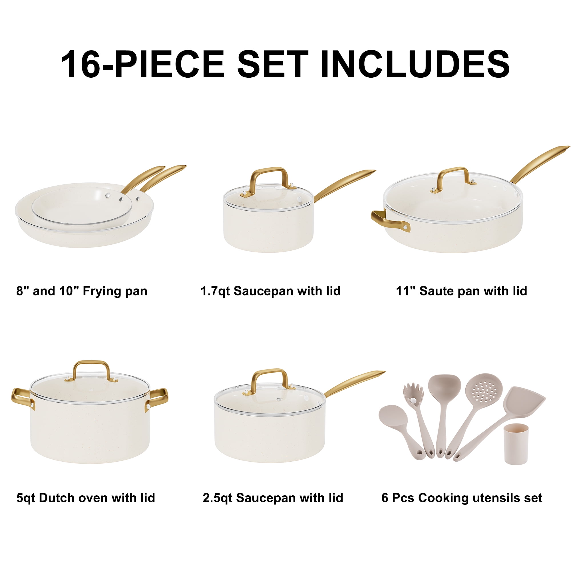 Caannasweis 16 Pieces Ceramic Cookware Sets, Nonstick Pots and Pans Lightweight Cookware Set with Cooking Utensils Set