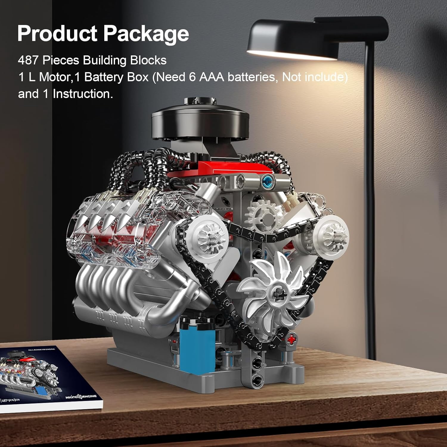 Engine Model Kit That Works, 8 Cylinder Car Engine with Motor, Building Blocks Collectibles for Adults, STEM Build Set (487 Pieces)