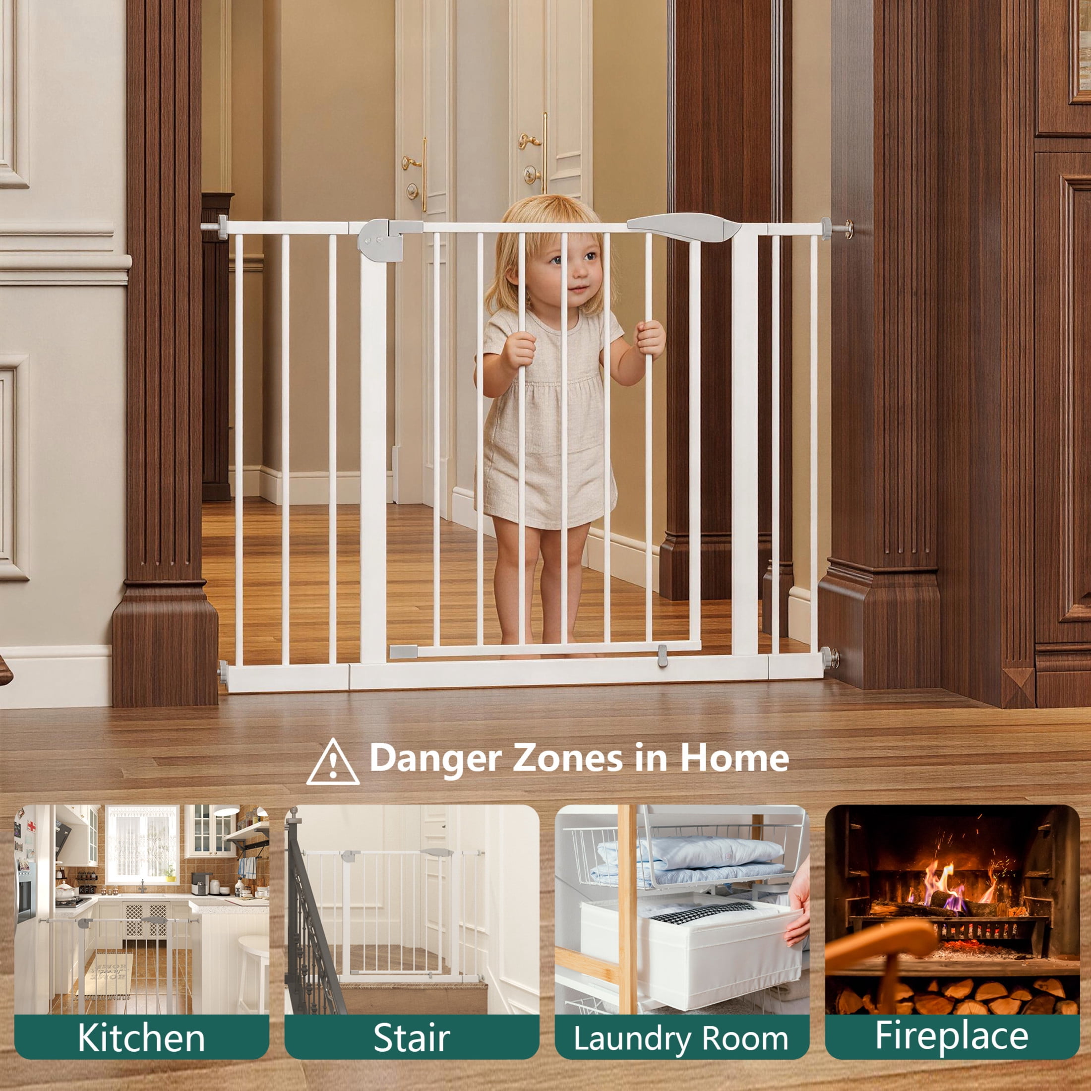 Noble House 44" Wide Pressure Mounted Baby Gate with Cat Door, Walk-Through Steel Pet Safety Gate, White, Set of 2