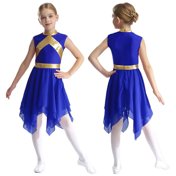 Aislor Girls Lyrical Praise Dance Worship Metallic Sleeveless Asymmetrical Tunic Dress Blue 8