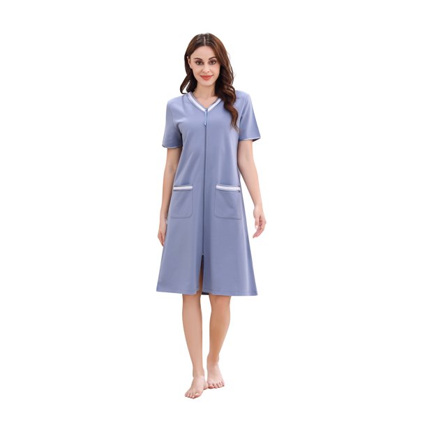 Richie House Women Zipper Robe Loungewear Short Sleeve Sleepwear