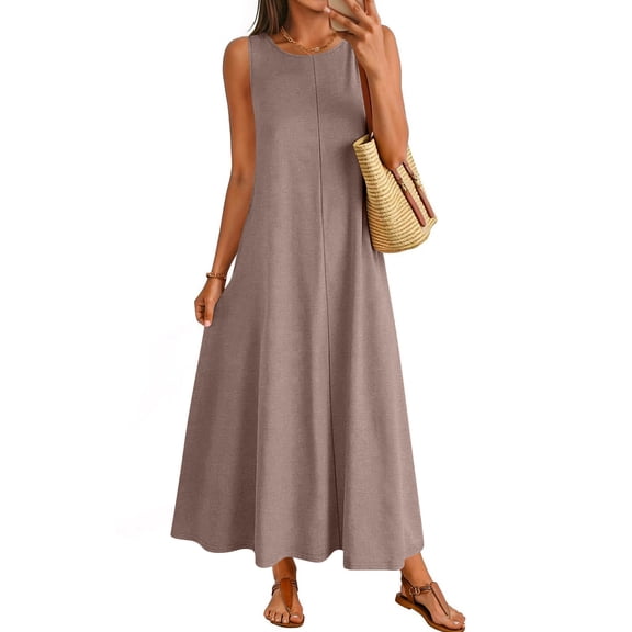 JULMCOMO Summer Dresses for Women Round Neck Sleeveless A Line Loose Fit Flowy Casual Maxi Dresses Beach Vacation Sundresses Light Brown M