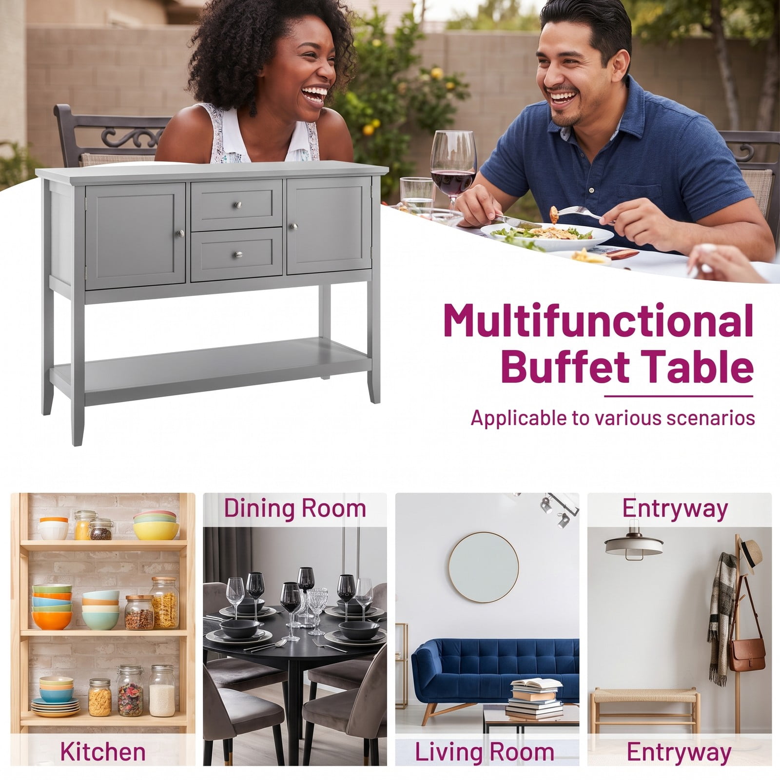 Furnibear Wooden Sideboard Buffet Console Table with 2 Cabinets and 2 Drawers and Open Shelf for Living Room and Kitchen, Gray