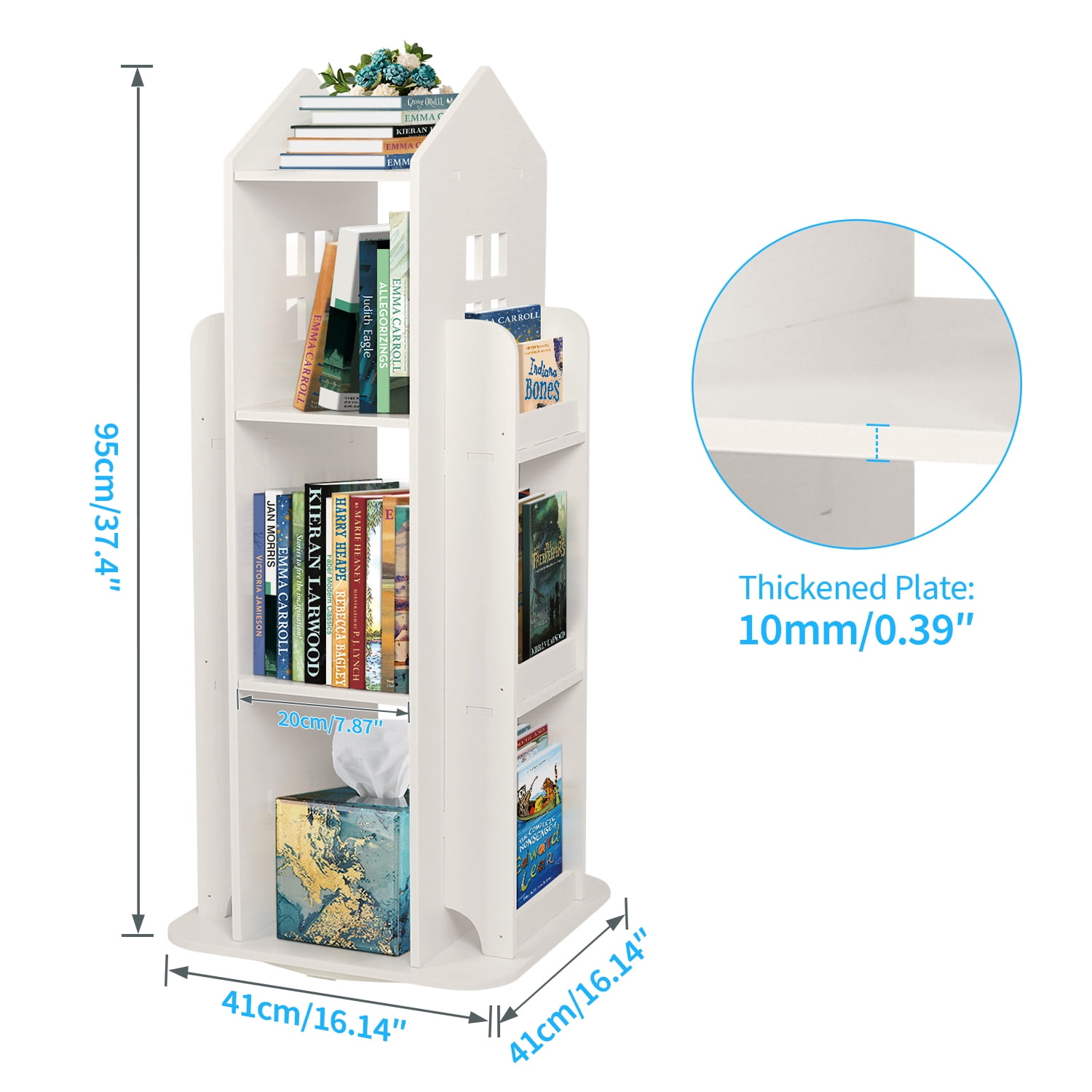 IAJXWI 3 Tier Rotating Bookshelf, 360° Floor-Standing Revolving Bookcase, House Shape Multi-Functional Reading Corner for Bedroom Study Living Room