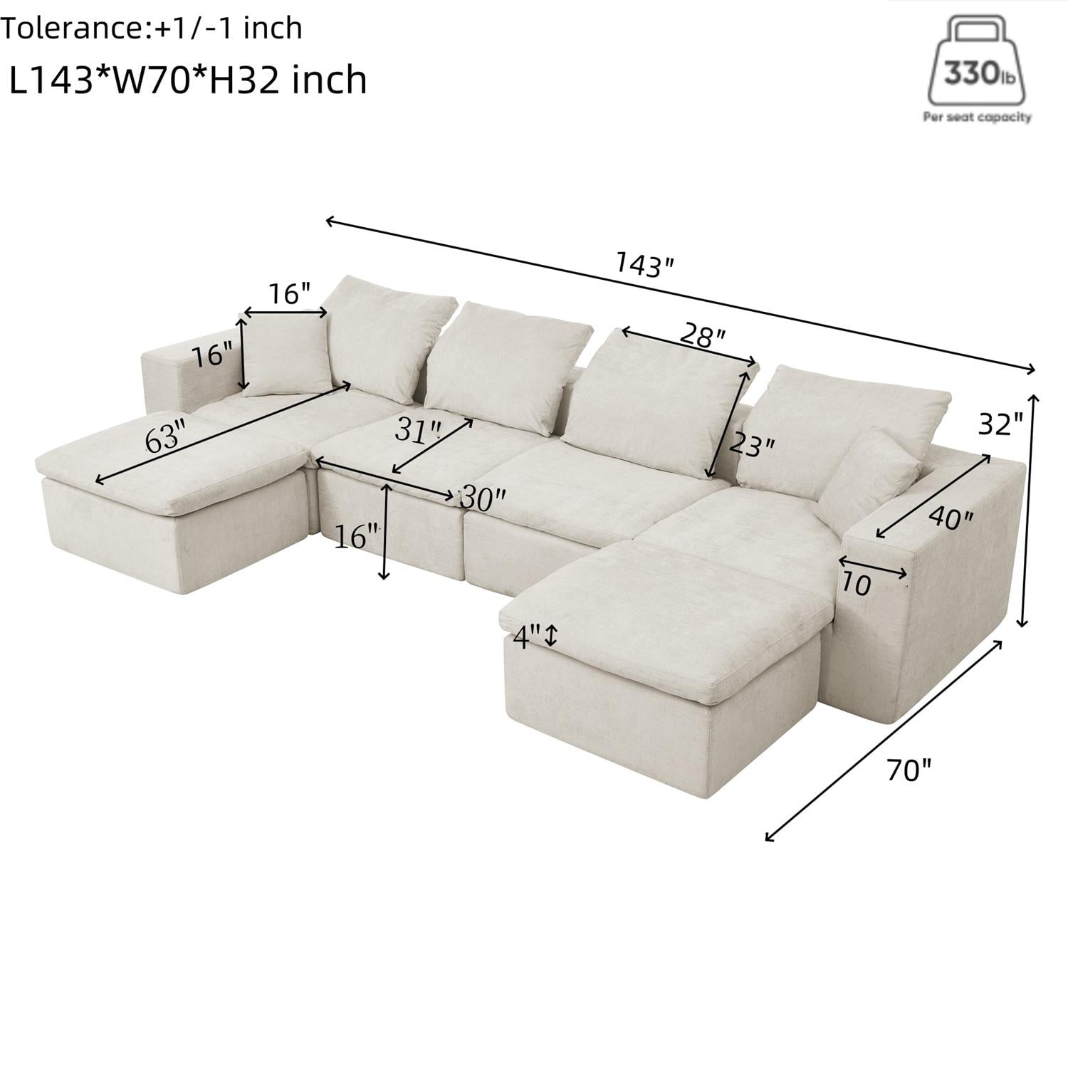Demi Bonn 143" Cloud Sectional Couch, U-Shaped Modern Modular Sofa Complete with Cozy Chaise and Deep Seat, No Assembly Required, Beige