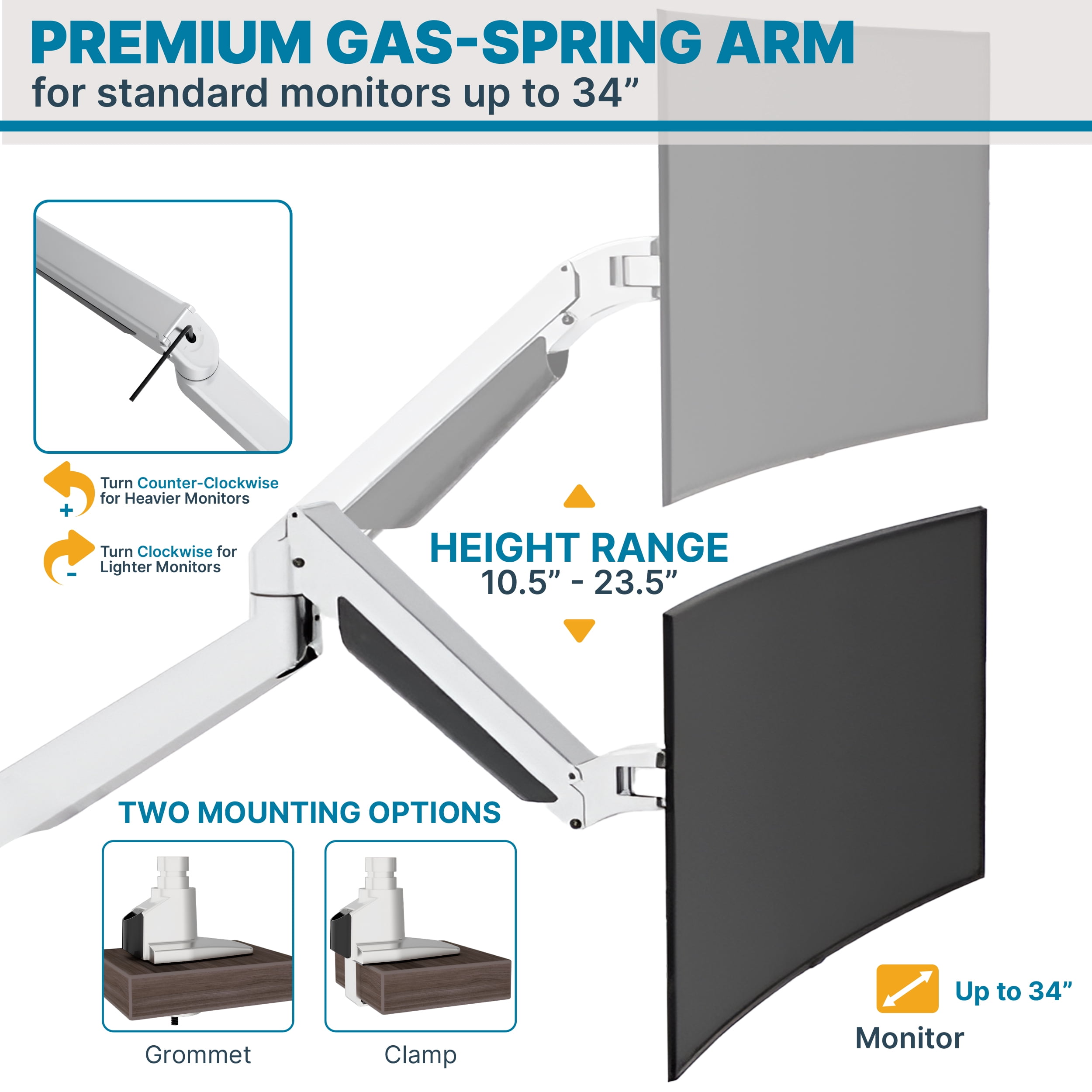 Restore Furniture Premium Height Adjustable Dual Monitor Arm Stand: Desk/Grommet Mount, Gas Spring Lift, VESA 75x75 or 100x100mm, 2 Flat/Curved Ultrawide Screens up to 34in & 44lb ea., Silver