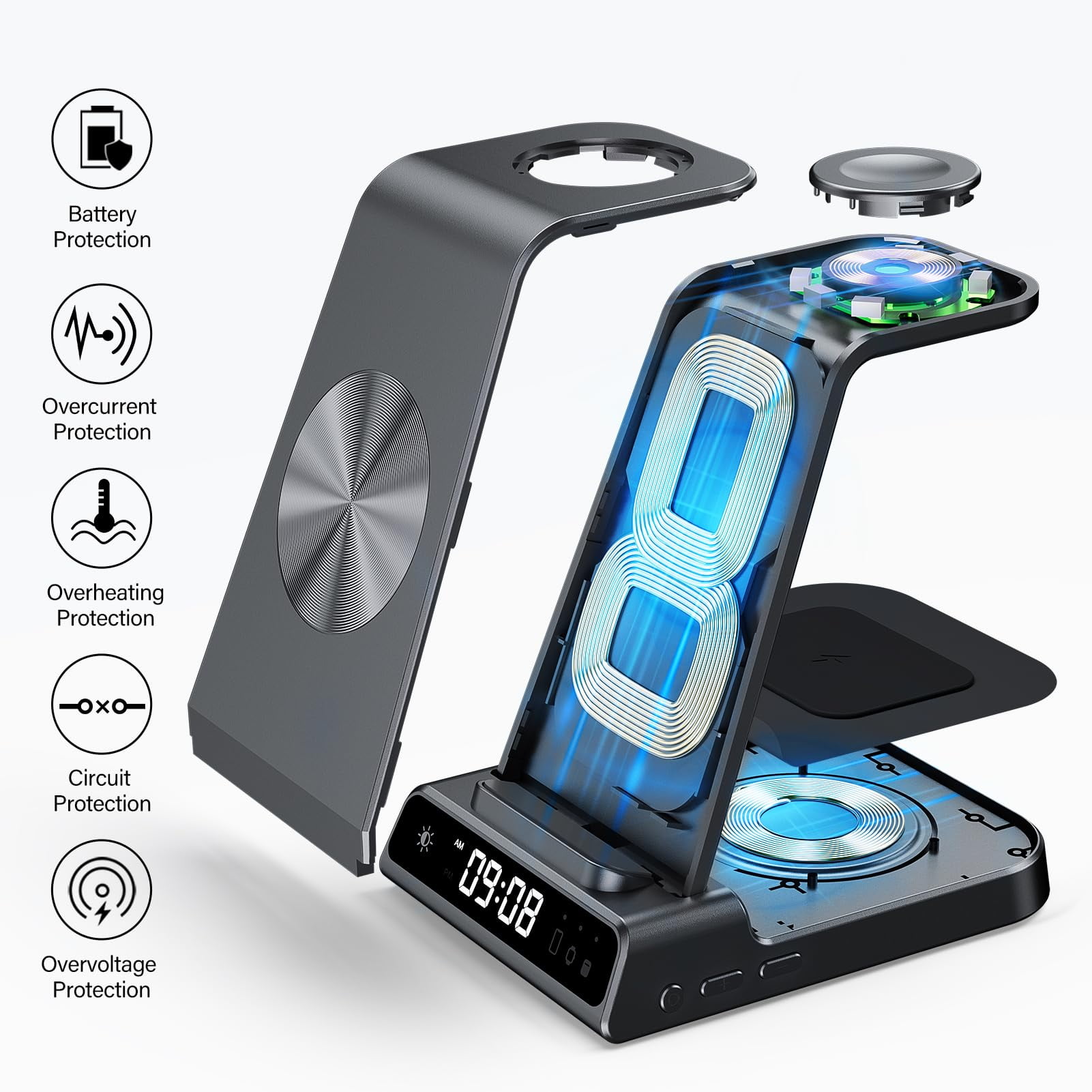 Wireless Charger Fits for iPhone & Samsung, 3 in 1 Fast Charging Station for Multiple Devices with Digital Clock Charging Dock Stand Compatible with iPhone & Apple Watch & AirPods,Black
