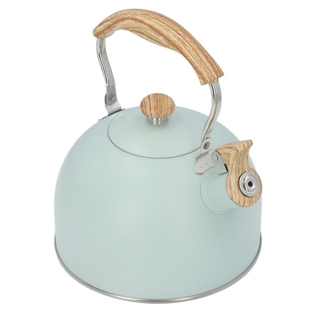 Whistling Tea Pot, One Touch 2.5 Liter Whistling Tea Kettle for Kitchen for Stovetop. This stainless steel kettle features a light green matte finish with a rubber wood handle and knob. It has an ergonomic, scald-resistant handle and a one-touch button for easy operation. The kettle measures approximately 24.8 x 19 cm (9.8 x 7.5 inches) and has a 2.5-liter capacity. Designed for even heat distribution, it is suitable for stovetop use.