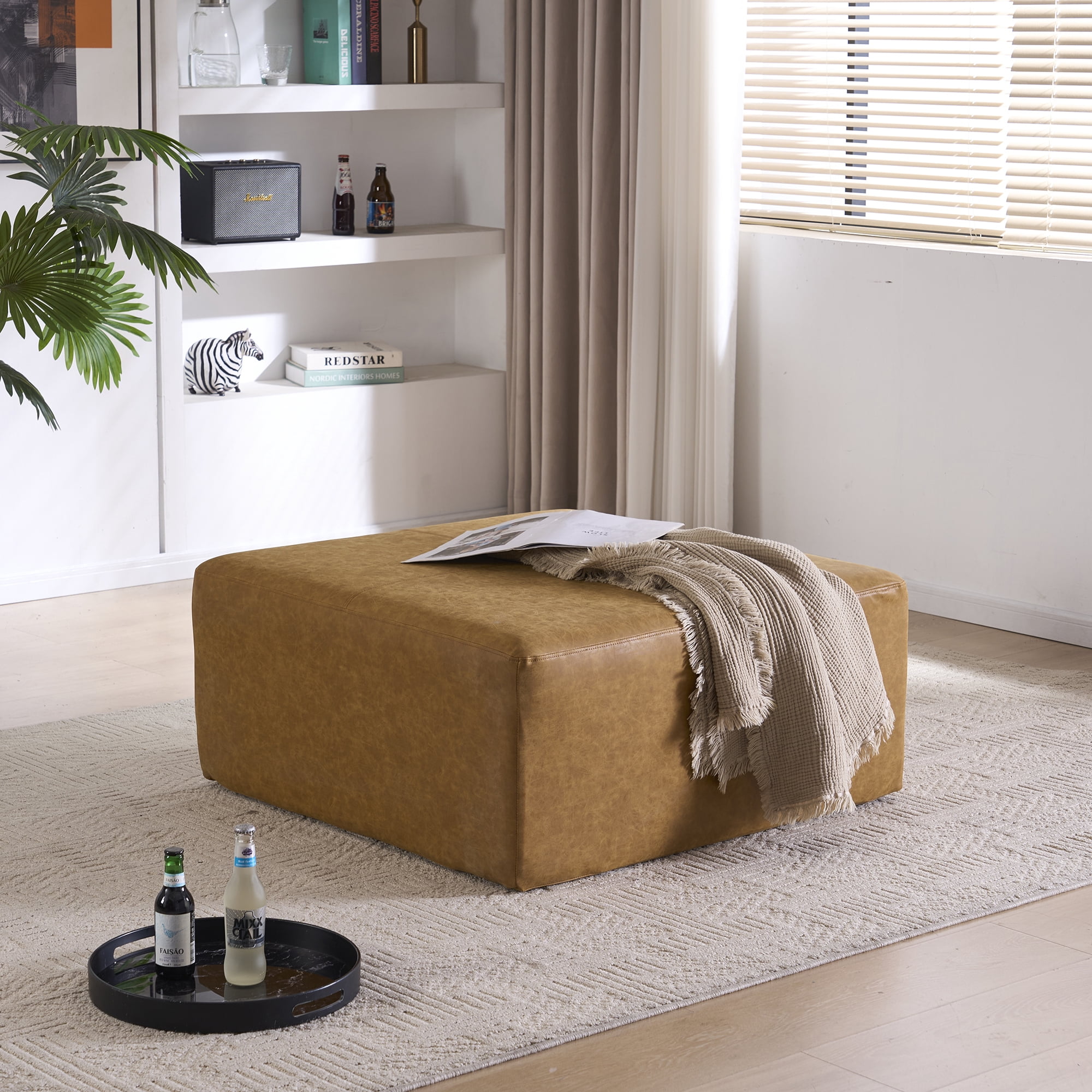 35" Wide Oversized Square Ottoman Coffee Table, Faux Leather Couch Ottoman Large Footstool for Living Room (Camel Brown, Square)
