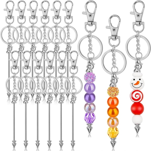 Januofit 12 Pcs Beadable Keychain Bar, Silver Bead Keychain Beaded Item for Pendant DIY, Alloy Blank Key Chain Accessories Bulk for Beadable Gift Jewelry Making Supplies