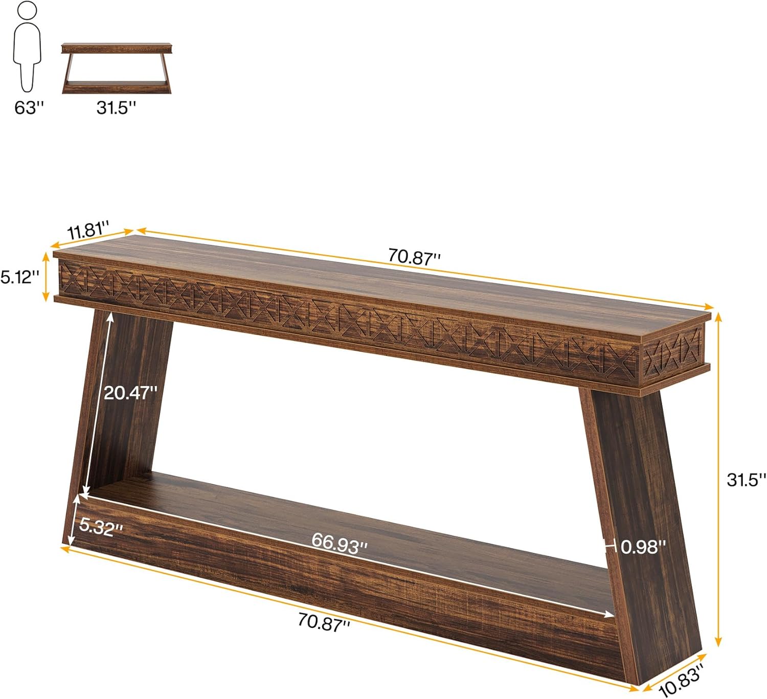Dark Brown 2-Tier Long Console Table – Rustic Farmhouse Entryway & Sofa Display