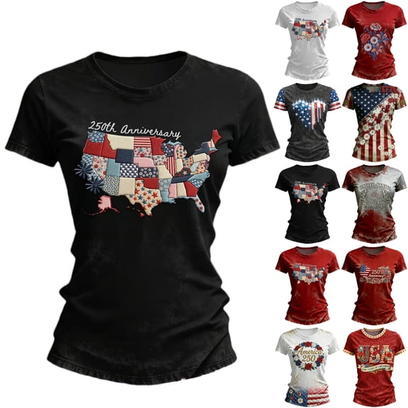 Women's Short Sleeve Round Neck T-Shirt with AMERICA 250th Anniversary Graphic Print, Casual Independence Day Top for Patriotic Celebrations Black L