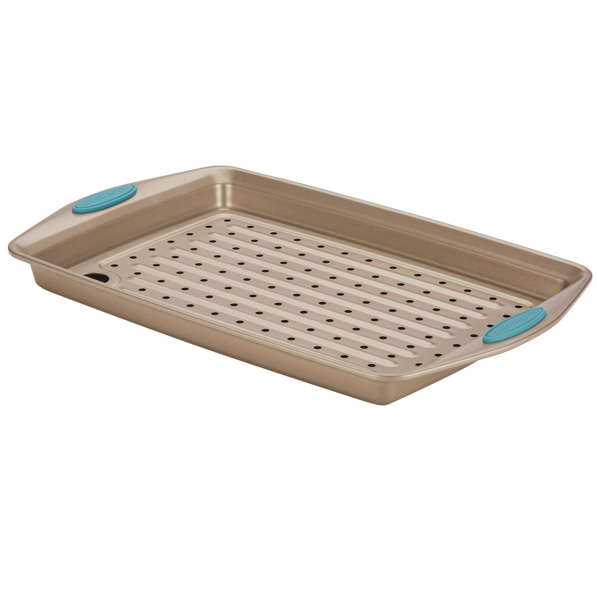 Rachael Ray Cucina Nonstick Bakeware Set with Grips Nonstick Cookie Sheet Baking Sheet and Crisper Pan 2 Piece Latte Brown with Agave Blue Handle Grips Walmart