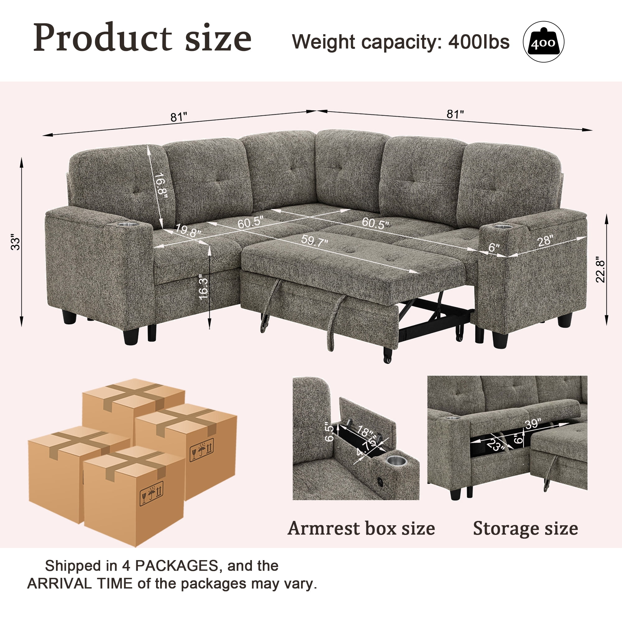Gewnee L-Shaped Sectional Sofa,Modern Chenille Modular Sofa with Storage Function,USB‑C Charging Ports & Cup Holders,Pull Out Couch for Living Room,Grey