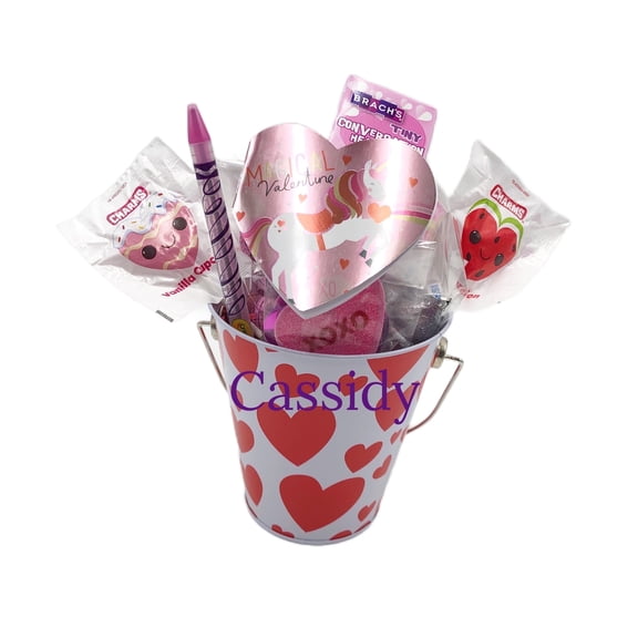 Timeless Desserts Kids Valentine's Day Pre-filled Gift Basket Personalized Red Hearts 4.5" H