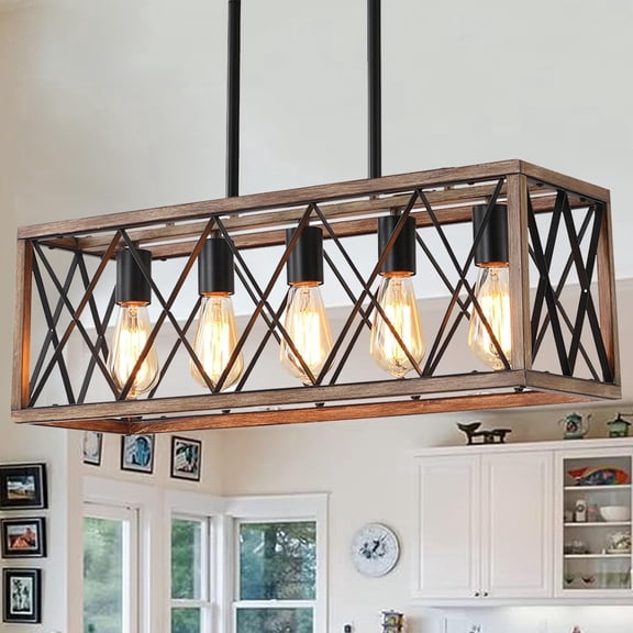 KEESFU Farmhouse Adjustable Height 5-Light Metal Woodgrain Rectangular Pendant Lights Shades