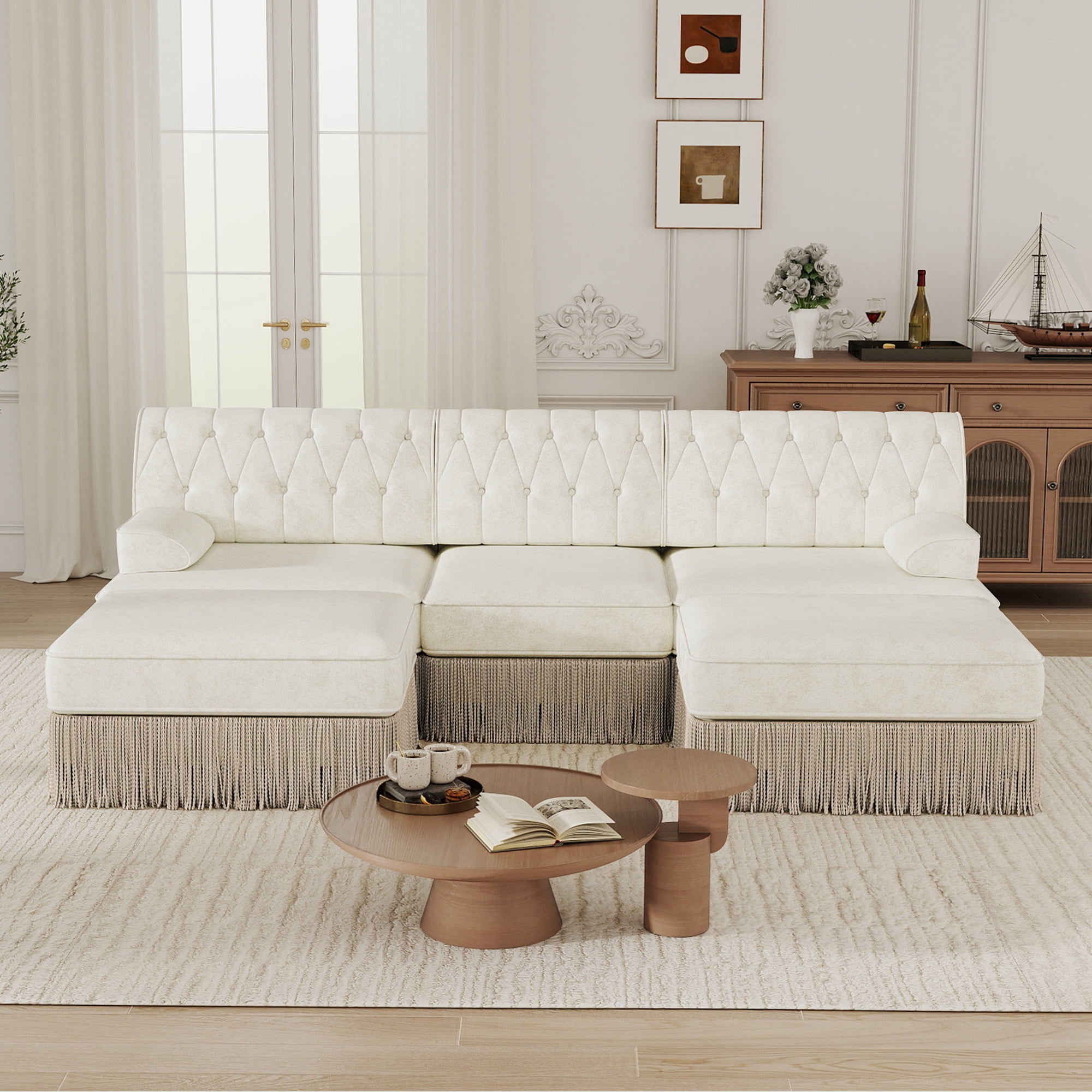 MAYEERTY U-Shaped Chesterfield Sectional Sofa, Button Tufted Modular Couch with Dual Ottomans, Wooden Base for Living Room Bedroom