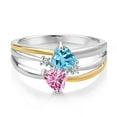 thumbnail image 2 of Gem Stone King 925 Silver and 10K Yellow Gold Swiss Blue Topaz and Pink Moissanite and White Lab Grown Diamond Band Ring for Women (1.07 Cttw, Gemstone November Birthstone, Heart Shape 5MM, Size 8), 2 of 3