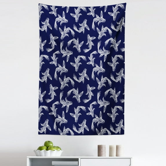 Asian Tapestry, Koi Fish in the Night Water Strength of Character Ambition Japanese Artwork, Fabric Wall Hanging Decor for Bedroom Living Room Dorm, 5 Sizes, Indigo and White, by Ambesonne