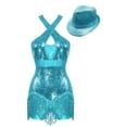 thumbnail image 3 of Manyakai Womens Latin Dance Outfit Glittery Sequins Tassel Leotard Fringe Metallic Bodysuit with Hat Sky Blue S, 3 of 7