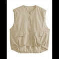 thumbnail image 2 of Chaleco Informal con Cremallera para Mujer, Estilo Cargo, Extragrande, con Dobladillo Fruncido, Sin Mangas, Chaquetas y Tops. Caqui M, 2 of 8