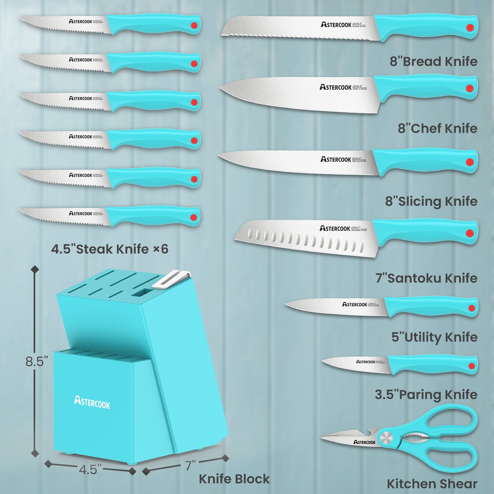 Astercook 15 Piece Kitchen Knife Set, High Carbon German Stainless Steel with Builtin Sharpener, Dis(图5)