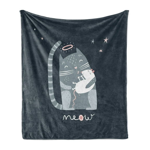 Kissing Soft Flannel Fleece Throw Blanket, Nocturnal Themed Cartoon Demonstrated Cat Motif Caring Mouse Meow, Cozy Plush for Indoor and Outdoor Use, 50" x 60", Dark Slate Blue Blue Grey, by Ambesonne