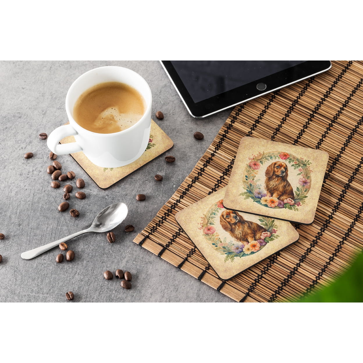 Sussex Spaniel and Flowers Foam Coaster Set of 4 3.5 in x 3.5 in