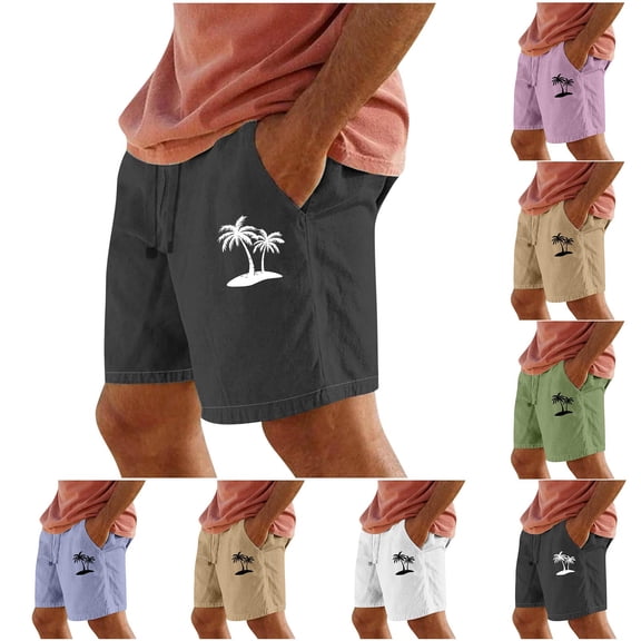 RYDCOT Men's Casual Summer Palm Tree Beach Shorts 7" Cotton Linen Athletic Running Drawstring Workout Shorts with Pocket White