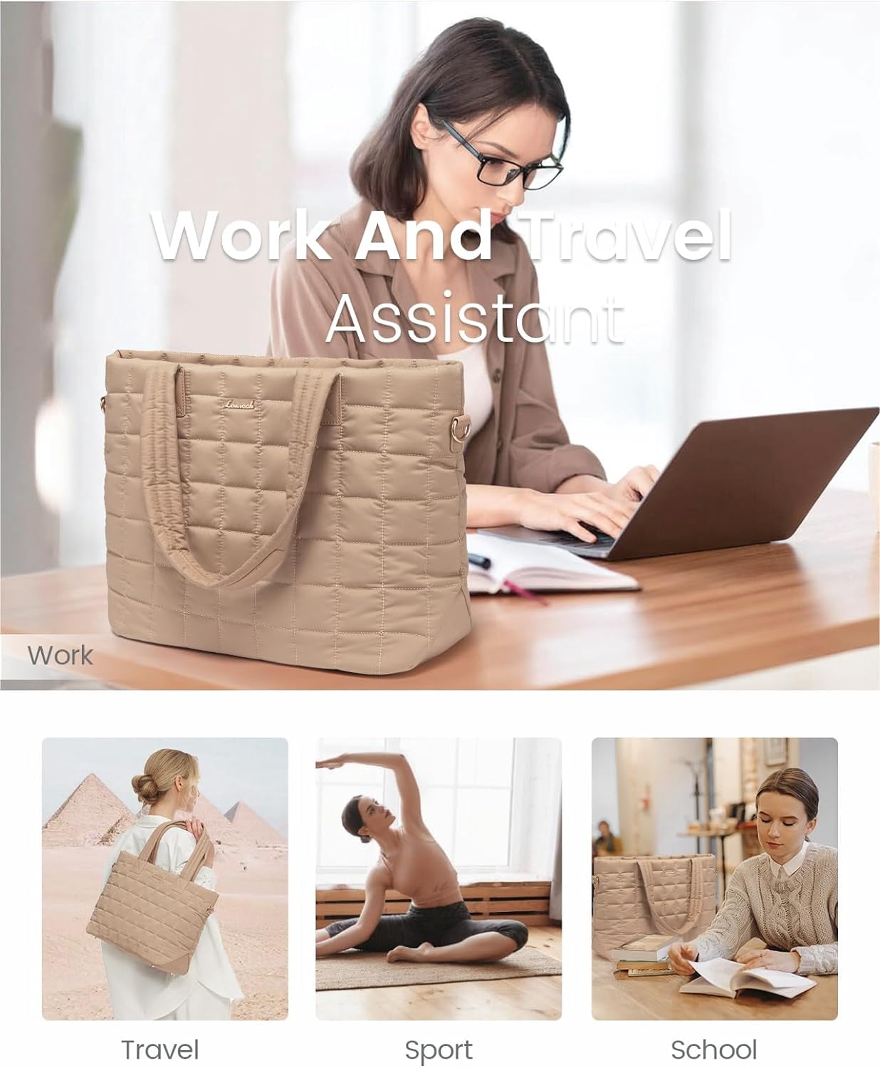 Lovevook Puffer Tote Bag for Women, Quilted Work Tote Bag Fits 15.6 In Laptop Compartment, Large Puffy Shoulder Bag Travel Bag for Daily Work Gym Weekend