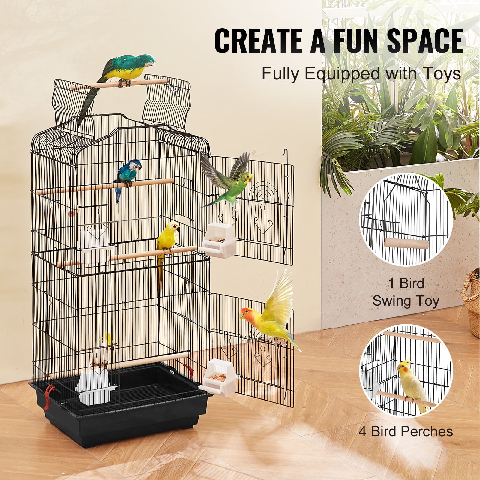 KFFKFF 41-inch Spacious Bird Cage with Open Top, Ideal for Parakeets, Finches, Canaries, Lovebirds, Cockatiels, Budgies, Small Quaker Conures, Travel Pet Flight Birdcage Equipped with Swing and Perch