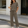 thumbnail image 2 of Besolor 2 Piece Sets for Women Summer Color Block Loungewear Outfits Crewneck Short Sleeve Tops Wide Leg Pants Set(Small,Khaki), 2 of 7