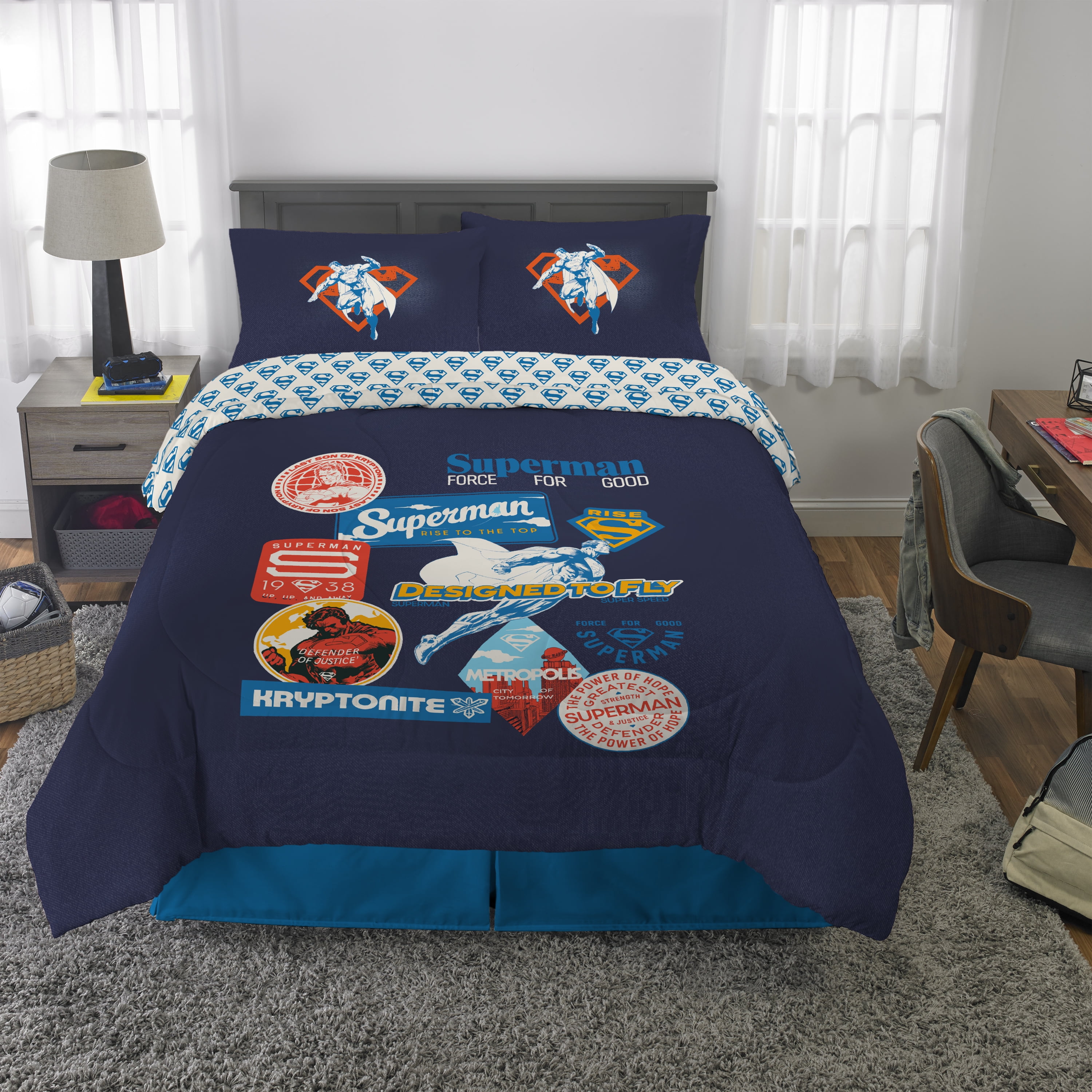 Superman Kids 5 Piece Blue Gray Reversible Comforter, Bed in a Bag, Full