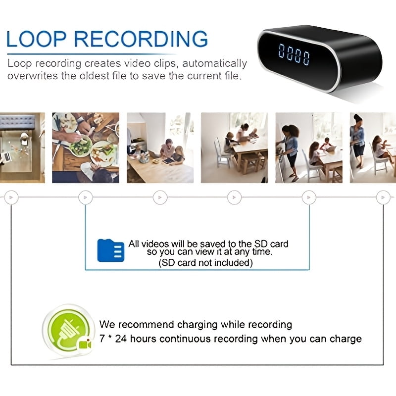 1080P HD WiFi Alarm Clock Camera with Motion Detection, Night Vision, Two-Way Audio, 64GB Storage, Battery/USB Powered for Baby/Pet Monitor & Indoor Security