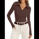 thumbnail image 3 of Camisas de Mujer de Larga, Informales, de Negocios, con Cuello en V, Suéter de Punto Acanalado, Blusas Ajustadas. Marrón Oscuro XL, 3 of 5