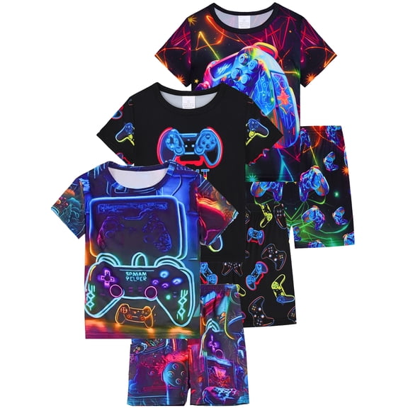 WIBACKER 3-12Y Boys 2-Piece Pajamas 3D Games Console Printed Short Sleeve Cool Summer PJ Set Kids Sleepwear