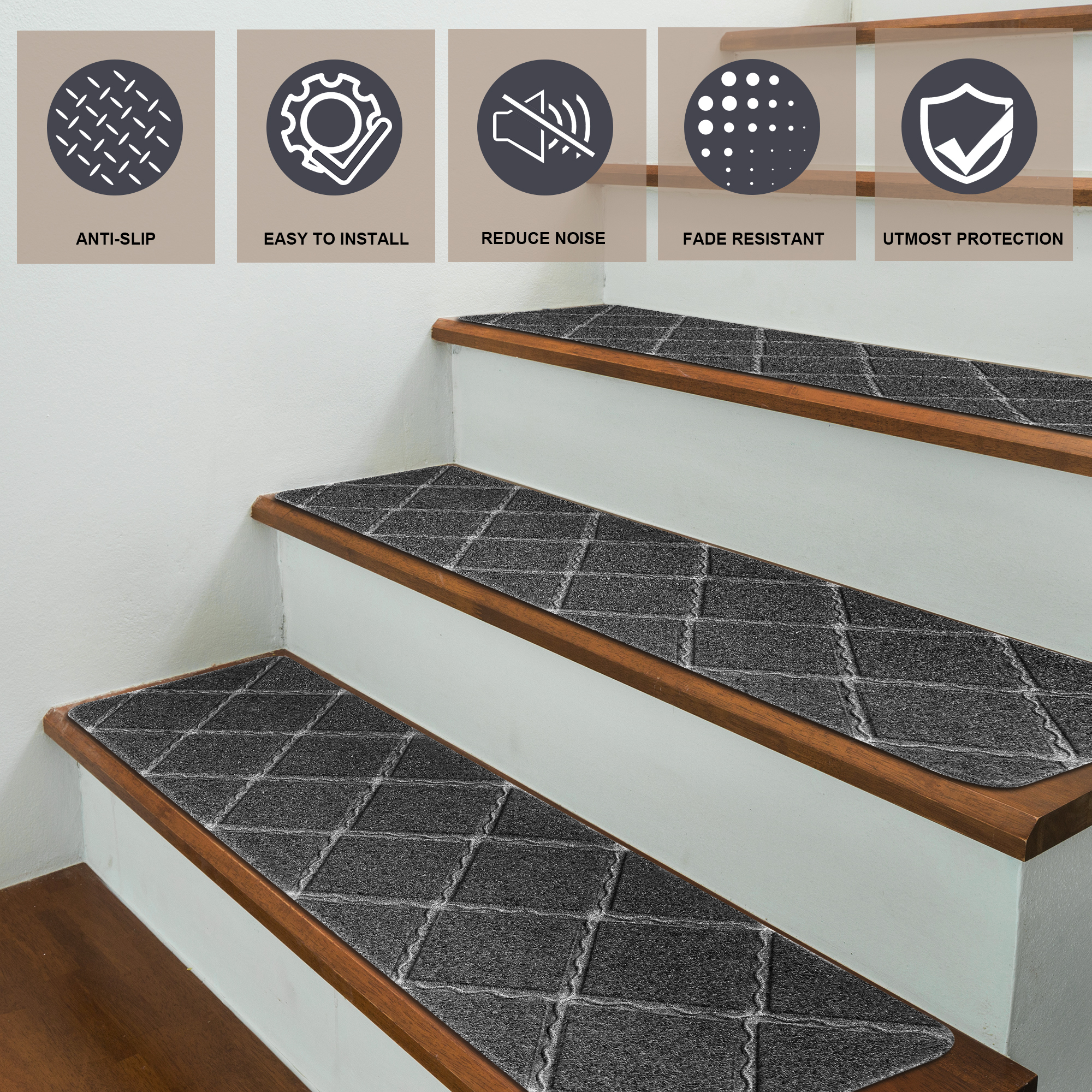 Stair Tread Carpet, 15pcs Non-Slip Stair Treads for Wooden Steps Indoor Outdoor Stair Tread Covers Rugs, 8in x 30in, Gray