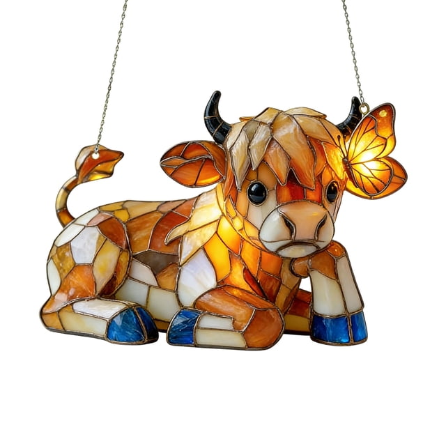 Cow Window Hanging Decor 2D Flat Acrylic Style Stained Glass Effect Colorful Sunlight Reflector For Windows Sunrooms Porch