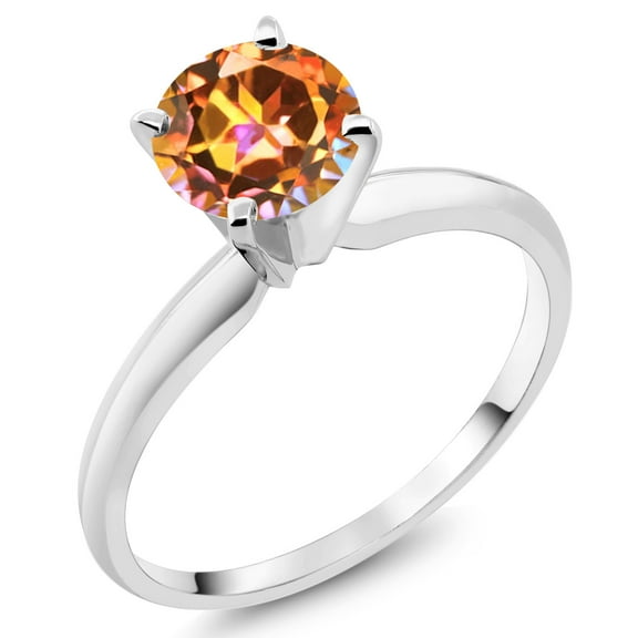 Gem Stone King 14K White Gold Ecstasy Mystic Topaz Solitaire Engagement 4-Prong Ring for Women | 1.00 Cttw | Round 6MM | Gemstone Birthstone (Size 9)