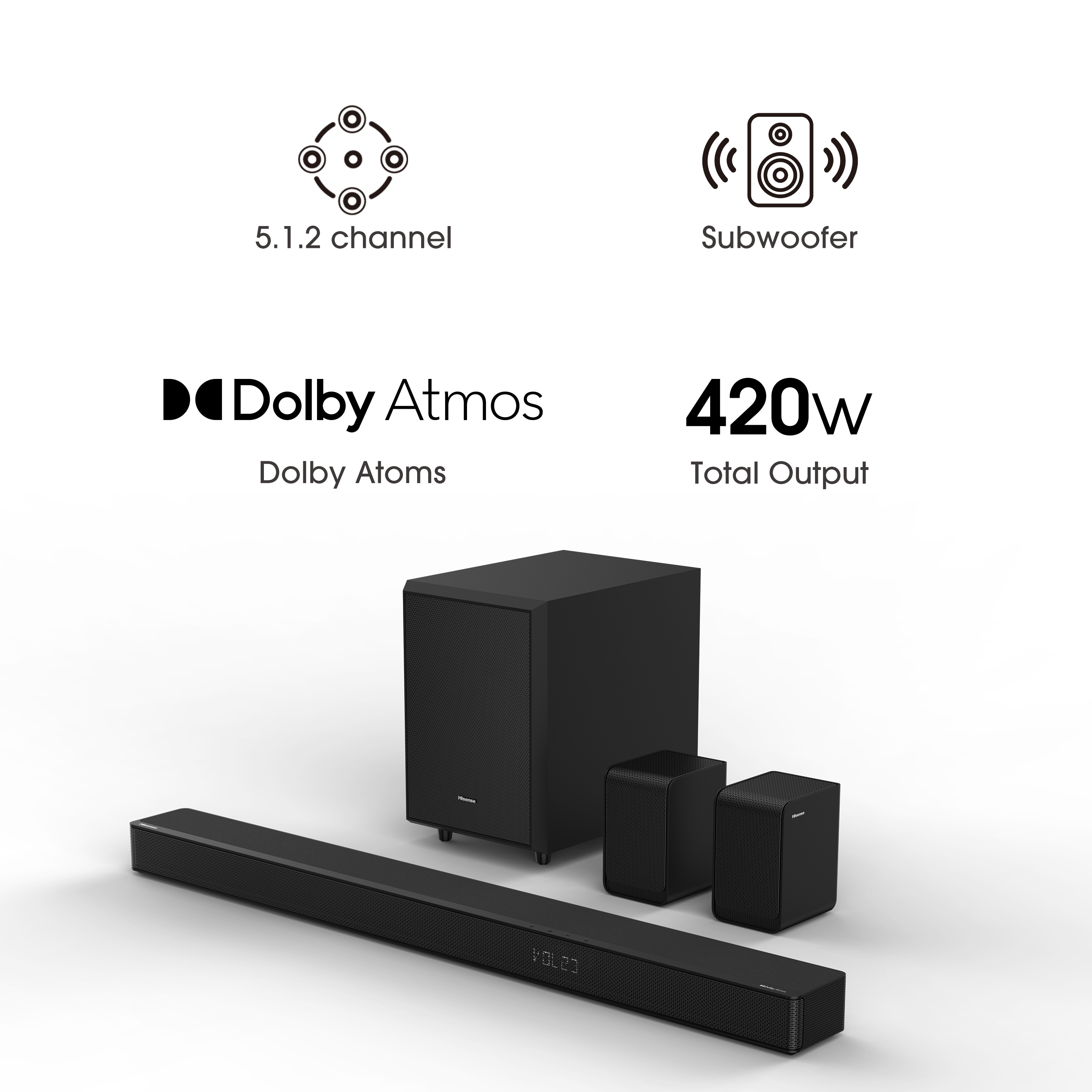 Hisense AX Series 5.1.2 Ch 420W Soundbar with Wireless Subwoofer, Wireless Rear Speakers, and Dolby Atmos (AX5120G, 2023 Model) - image 4 of 16