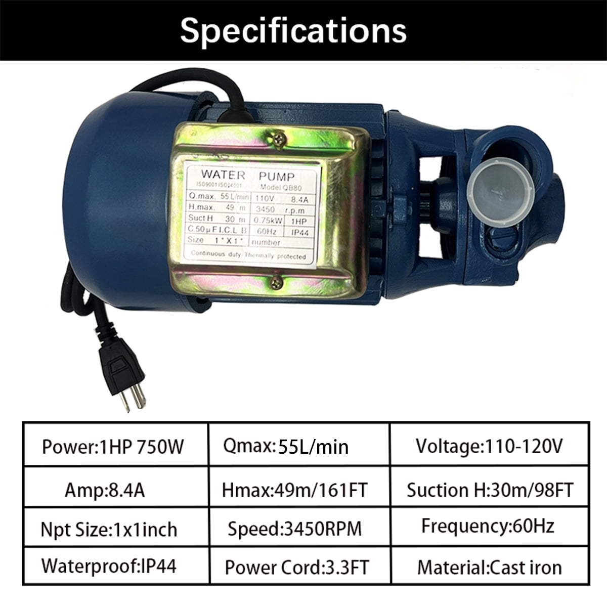 iMeshbean 1HP Clear Water Pump Electric Transfer Centrifugal Bio Diesel Pond Pool Farm US