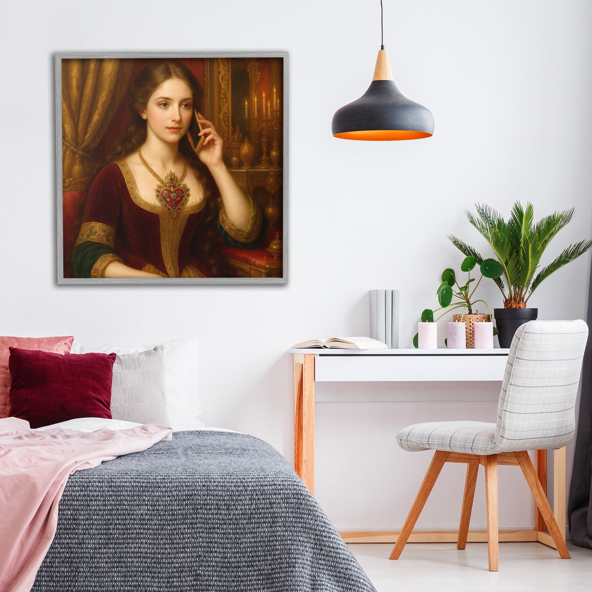 Stupell Industries Rococo Woman with Cell Phone Gray Framed Giclee Art, design by Grotto Studios